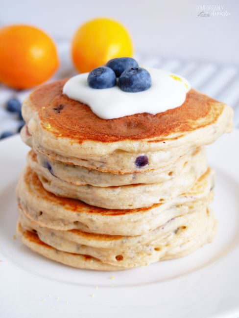 Blueberry-Protein-Pancakes are a thick and fluffy pancakes filled with sweet blueberries and an extra boost of protein and omega 3 for a healthy, delicious breakfast that you can feel good about. This easy recipe comes together in 5 minutes in a blender, and includes a gluten free option!