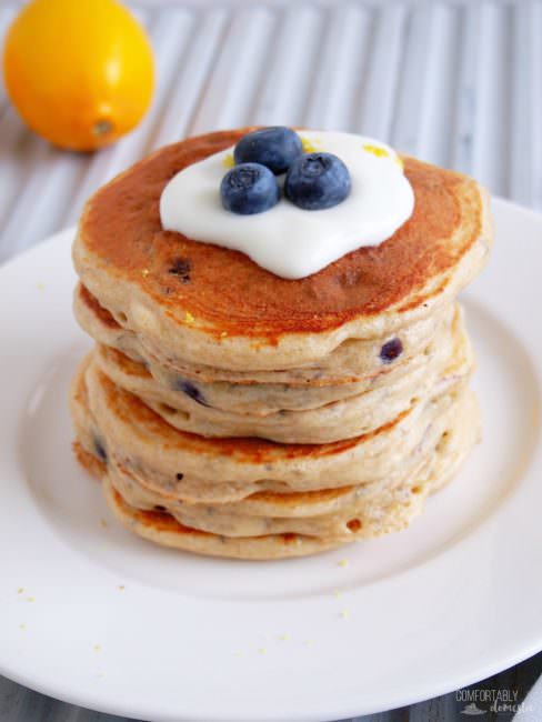 Blueberry-Protein-Pancakes are a thick and fluffy pancakes filled with sweet blueberries and an extra boost of protein and omega 3 for a healthy, delicious breakfast that you can feel good about. This easy recipe comes together in 5 minutes in a blender, and includes a gluten free option!