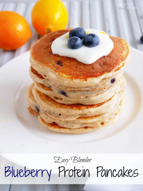 Blueberry-Protein-Pancakes are a thick and fluffy pancakes filled with sweet blueberries and an extra boost of protein and omega 3 for a healthy, delicious breakfast that you can feel good about. This easy recipe comes together in 5 minutes in a blender, and includes a gluten free option!