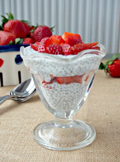 Strawberries-and-Cream-Chia-Pudding-Parfaits layer ripe strawberries with a creamy pudding that is full of antioxidants, Omega-3s, calcium, protein, and fiber with the pleasant texture similar to tapioca.