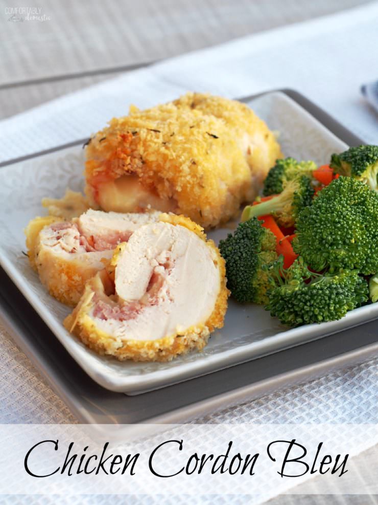 Chicken-Cordon-Bleu is a simple yet elegant weeknight dinner of tender breaded chicken rolled around ham and cheese.