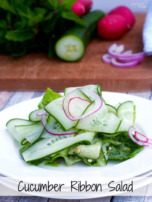 Cucumber-Ribbon-Salad tosses fun ribbons of ripe cucumber and other vegetables with a flavorful fresh pesto dressing in a cool and crunchy summer salad.