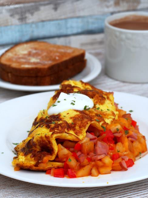 Farmer’s-Omelet wraps diced sweet red peppers, sweet onion, hash browns, Canadian bacon, and cheese in fluffy eggs for a hearty breakfast with serious staying power to keep you going all morning long.