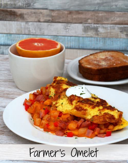 Farmer’s-Omelet wraps diced sweet red peppers, sweet onion, hash browns, Canadian bacon, and cheese in fluffy eggs for a hearty breakfast with serious staying power to keep you going all morning long.