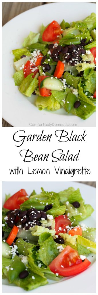 Black beans, crisp greens, fresh vegetables, and Cotija cheese, brightly dressed in a simple lemon vinaigrette. This is a delicious healthy salad recipe! | ComfortablyDomestic.com