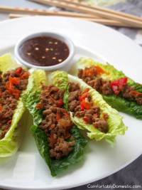 P.F. Chang's lettuce wraps are delicious, but this recipe is better! A lighter version of the sweet, salty, savory P.F. Chang’s lettuce wraps, made with a blend of ground turkey and lean pork, shredded vegetables, and a tasty soy-ginger sauce that is fantastic on just about everything. | ComfortablyDomestic.com