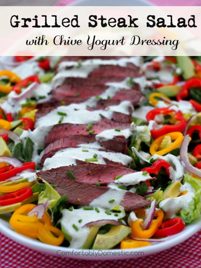 Grilled Steak Salad - Grilled steak sliced over colorful greens, sweet bell peppers, avocado, and thinly shaved red onion Drizzled with healthy, flavorful chive yogurt dressing. | ComfortablyDomestic.com