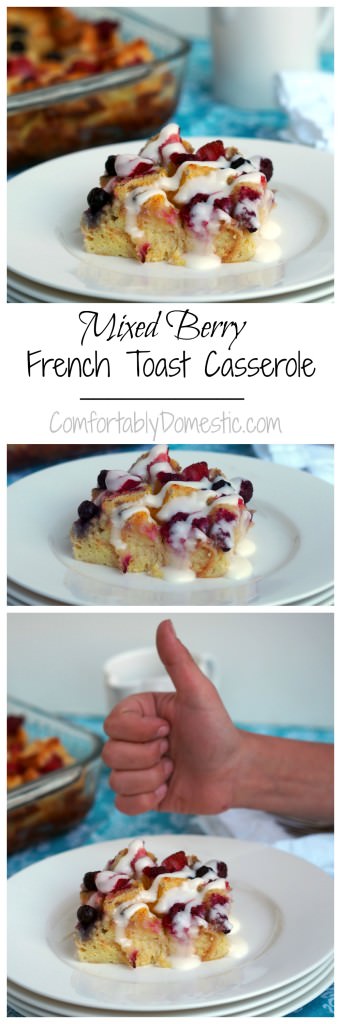 Mixed-Berry-Baked-French-Toast-Casserole-Cream-Cheese-Icing | ComfortablyDomestic.com - Crusty bread sprinkled with a variety of berries, soaked in a loose, sweet vanilla batter before baked to near custard consistency. Drizzled with cream cheese icing, Mixed Berry Baked French Toast is a delightfully decadent breakfast for all occasions.