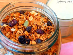 Nut free granola is healthy, sweet, and crunchy, bursting with protein and plenty of dried fruit to round out the flavors. | ComfortablyDomestic.com