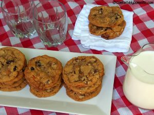 Everything cookies contain semi sweet chocolate chips, crushed salted pretzels, dried cherries, chewy caramel bits, and wholesome rolled oats.