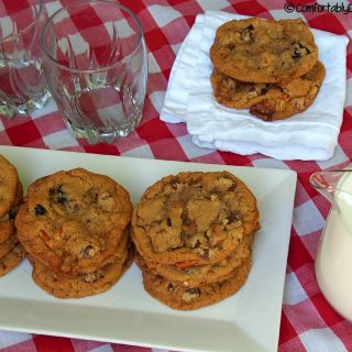 Everything cookies contain semi sweet chocolate chips, crushed salted pretzels, dried cherries, chewy caramel bits, and wholesome rolled oats.