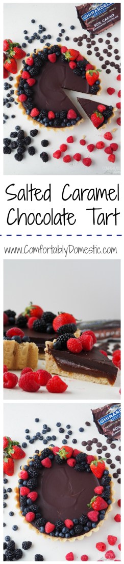 Various collaged images of a Salted Caramel Chocolate Tart on a white background. 