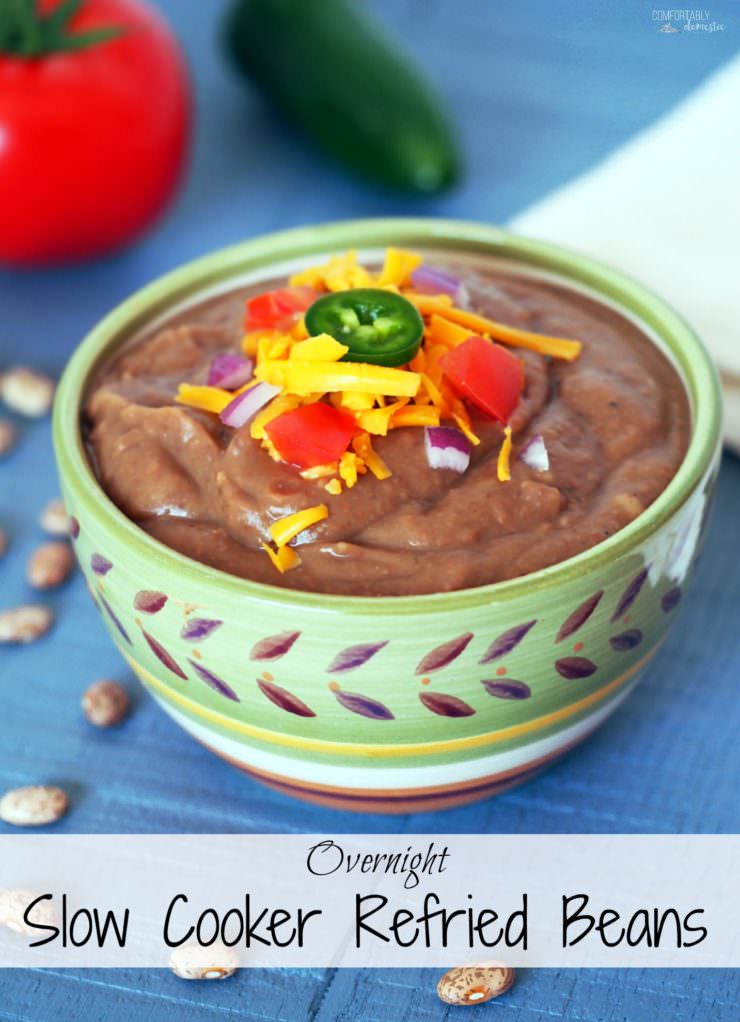 Slow-Cooker-Refried-Beans have never been easier or more flavorful than with this recipe that cooks overnight in the crock pot. Recipe yields plenty enough for dinner plus extra to freeze for another day.