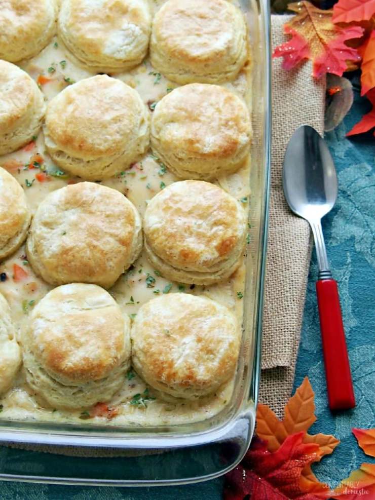 Turkey-Biscuit-Casserole is a delicious dish that makes great use of leftover turkey or chicken. The creamy casserole features an easy homemade sauce that is studded with vegetables and topped with golden, buttery biscuits.