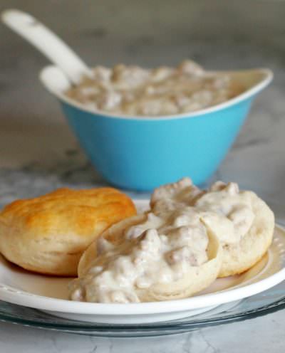 Light-Sausage-Gravy is every bit as creamy and dreamy as the full fat variety but with nearly half of the fat and calories. The lightened up version of this Southern classic is still pure comfort food!